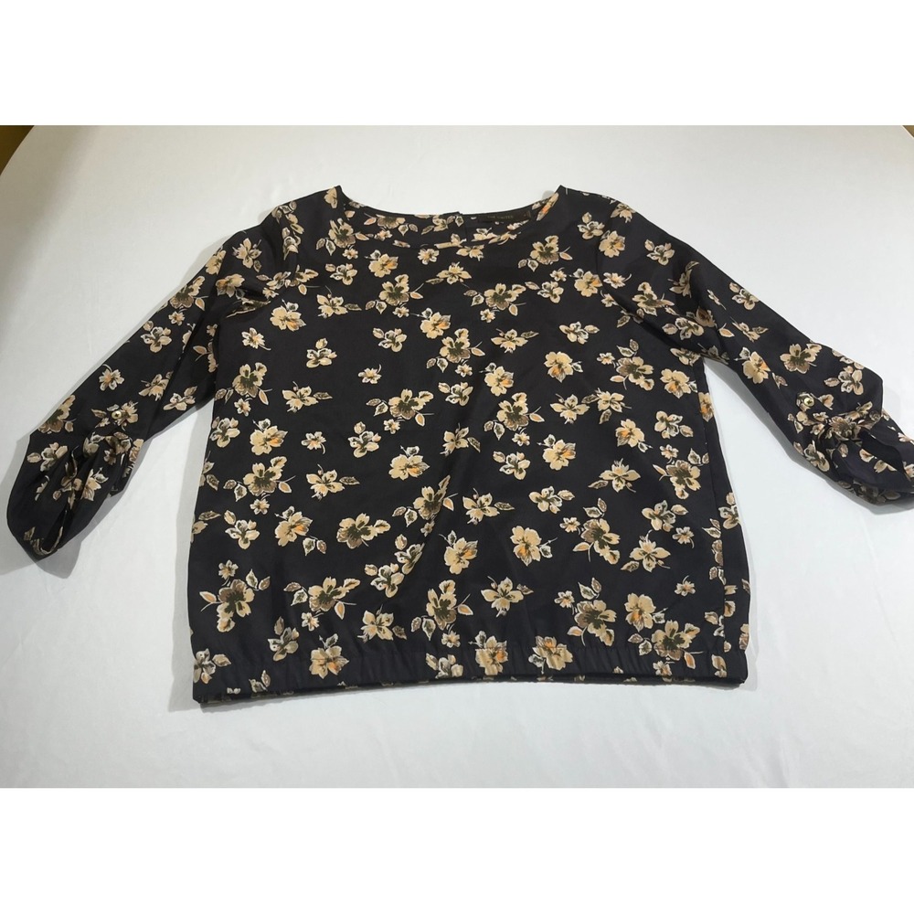 The Limited Floral Blouse Medium Black Chiffon Roll Tab Sleeve Elastic Hem